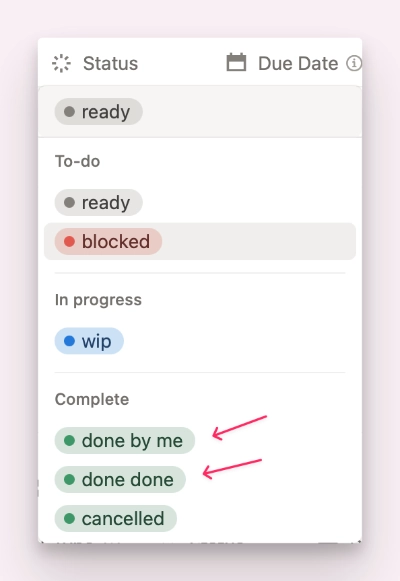 Notion Task Management for Teams, Status Property with several values for Done